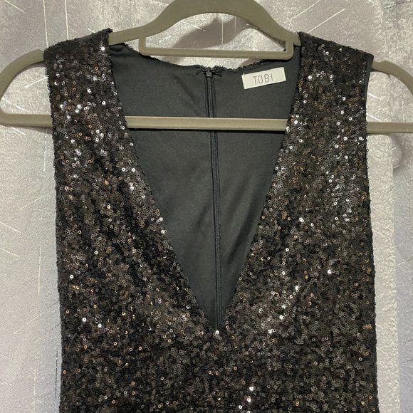 TOBI Black Sequin Deep V Mini Dress - Sexy & Sparkly, Events & Nights Out - Sz M - Picture 3 of 7